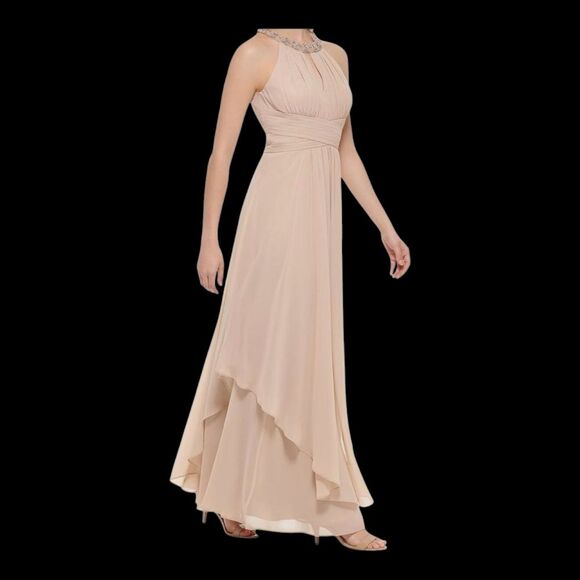 Eliza J Embellished Sleeveless Halter Neck Chiffon Formal Gown Champagne NWT 8 - Picture 1 of 16